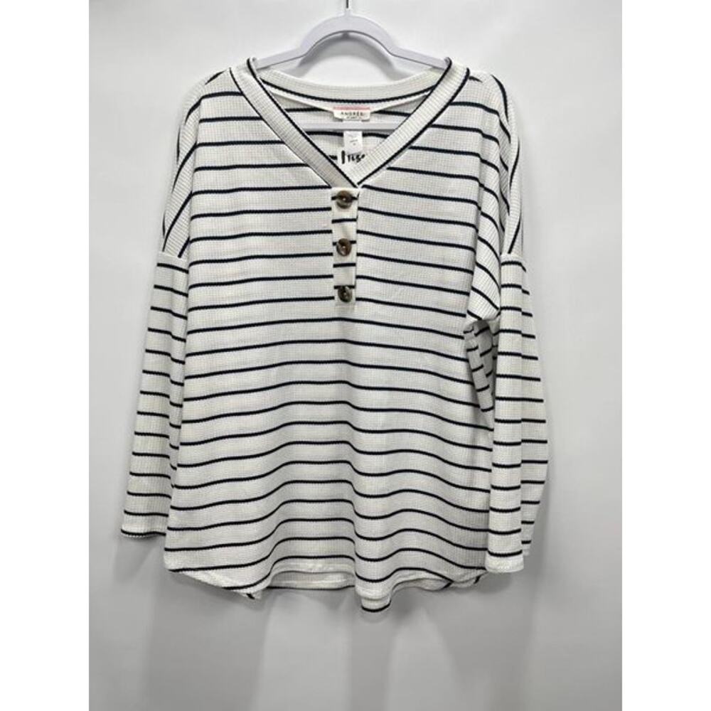 Andree by Unit White Navy Stripe‎ Thermal Button Henley Long Sleeve Top